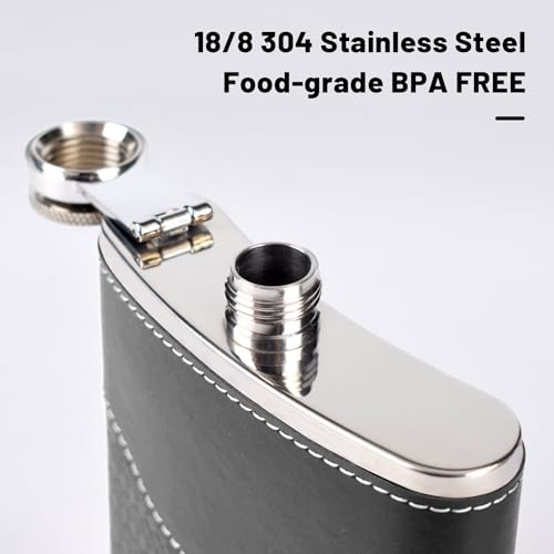 LHD HOME Hip Flasks for Men Leather Hip Flask Gift Set,Hip Flask 304 Stainless Steel Flask Set w/Funnel Shot Glasses Gift for Whiskey Rum Groomsman Best Man Usher Wedding-Leather Stripe Black-8oz - Image 4