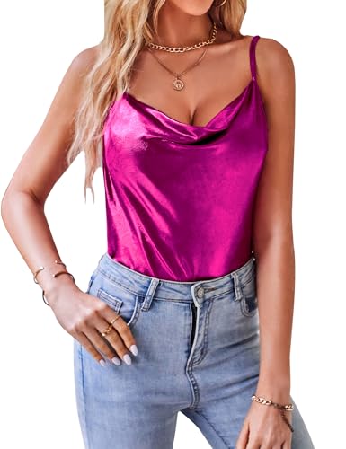 VIDUSSA Sparkly Tops for Women Cowl Neck Glitter Vest Top Spaghetti Strap Cami Tank Shirt Blouse Rose Red S