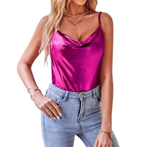 VIDUSSA Women's Shimmer Camisole Tops Cowl Neck Sleeveless Sparkle Blouses Summer Tank Shirt Medium Rose Red