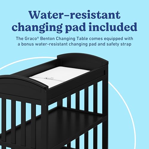Image of Graco Benton Changing Table with Bonus Water-Resistant Changing Pad (Black) - GREENGUARD Gold Certified, Includes Diaper Change Pad with Safety Strap, 2 Open Storage Shelves for Organizing