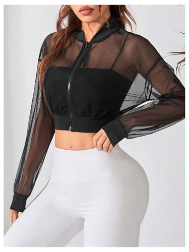 Verdusa Women's Mesh Sheer Crop Athletic Jackets Lightweight Long Sleeve Zip Up Jacket Outwear4