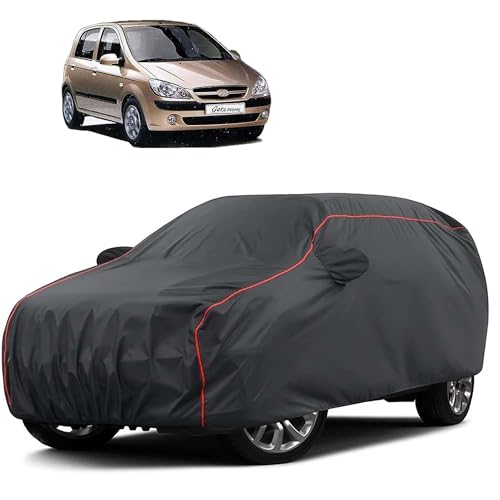 Image of Sulfar 100% Water Resistant Car Body Cover Compatible with Mirror for Hyundai Getz Prime (Triple Stitched, Full Bottom Elastic, Dark Grey Taffeta with Red Piping)