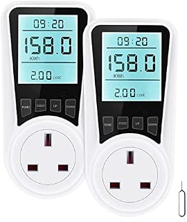 Electric Usage Monitor 2 Pcs, Besvic Energy Monitor with Backlight LCD Display, 7 Monitoring Modes Power Meter, Voltage Amps Wattage KWH Consumption Monitor, 2900W/13A Overload Protection, UK Plug