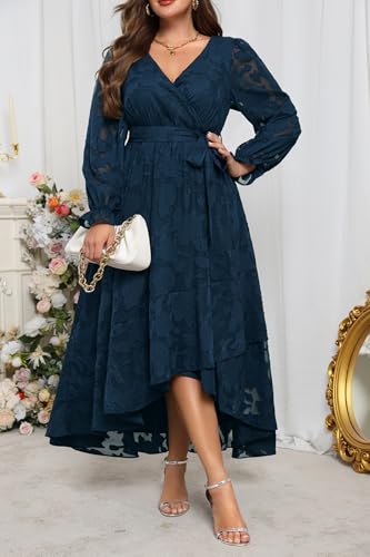 Plus Size Dresses Wedding Guest - Fall Semi Formal Floral Long Sleeve Wrap V Neck High Low Maxi Dress with Belt Women2