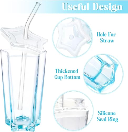 Image of Kamvy Glass Tumbler with Airtight Lid and Straw Pack of 1, 350ml Star Shape Drinking Glasses Travel Sipper Coffee Mugs for Juice Cocktail Iced Tea Mocktail Hot Cold Drink Cup (Blue Star)