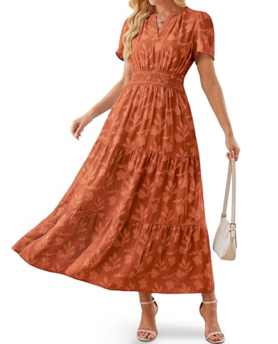 Image of Women's Maxi Dresses Boho Burnout V Neck Short Puff Sleeve Smocked Empire Waist Long Wedding Guest Semi Formal Dress Pockets