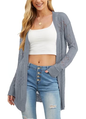 Image of GRECERELLE Lightweight Cardigan Sweaters for Women Crochet Knit Open Front Long Sleeve Loose Casual Boho Summer Beach Coverup
