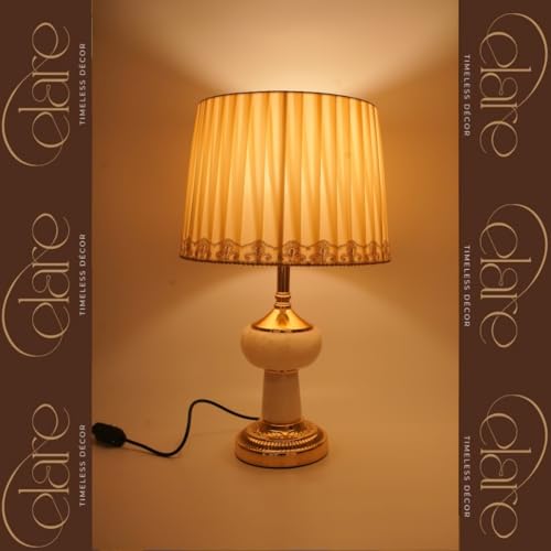 Image of ELARE Marble & Metal Base Table Lamp with Pleated Fabric Shade for Bedroom & Living Room | Modern Decorative Bedside Night Lamp for Home Decor, Study Table & Office | Premium Designer Table Light