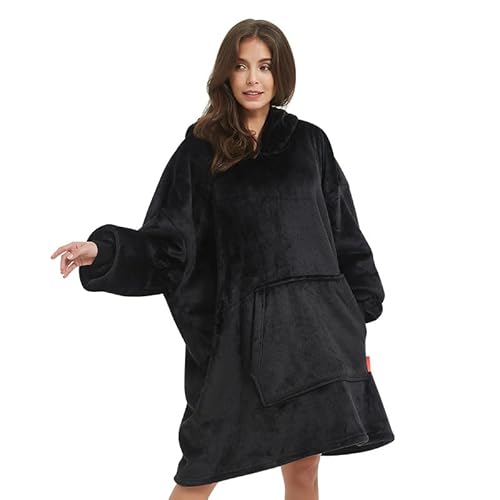 FIME. Oversized Microfiber & Sherpa Wearable Blanket, Seen On Shark Tank, One Size Fits All (Black)