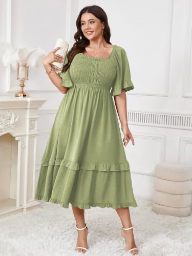 Image of SCOMCHIC Women's Plus Size Maxi Summer Wedding Guest Cocktail Boho Dresses | Short Sleeve, Square Neck Smocked, A line, Fall, Elegant Flowy Long Dress