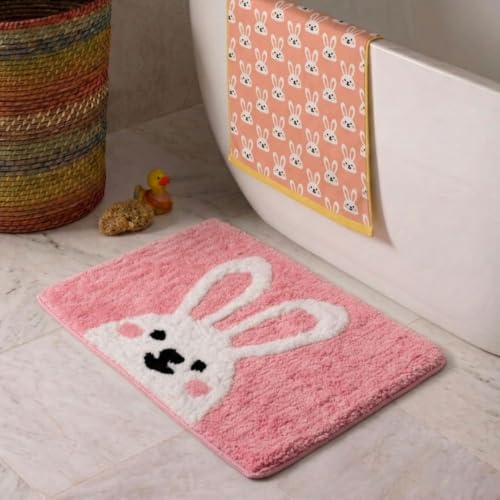 Image of Dream Weaverz 2000 GSM Soft Microfiber Bath Mat - Quick Dry Anti-Skid Water Absorbent Floor Rug, Machine Washable Non Slip Door Mat for Bathroom & Bedroom (40 x 60 cm) (Cute Bunny)
