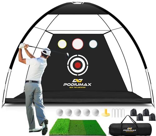 PodiuMax Golf Net, 10x7ft Golf Practice Net and Mat, Noise Reduce Target, 5 Balls, 4 Sandbags, Tee...