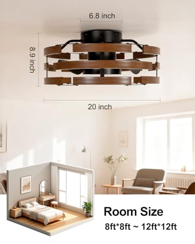 Image of Roomratv Fandelier Ceiling Fan with Light, 20'' Flush Mount Metal Caged Enclosed Blades Ceiling Fan with Remote, Low Profile Farmhouse Fan Light for Rustic Bedroom Kitchen Living Room Office