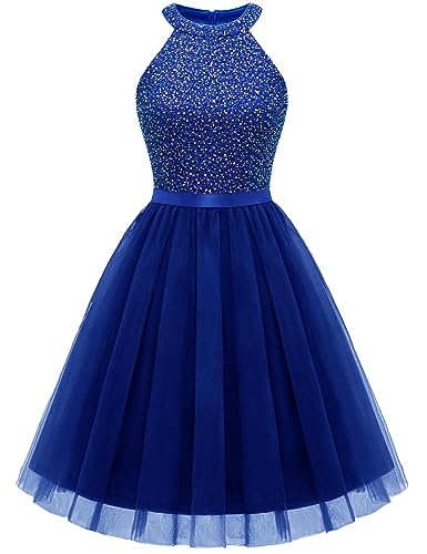 Image of Dressystar Women's Sequin Short Prom Dress Sparkly Halter Tulle Cocktail Party Homecoming Dresses