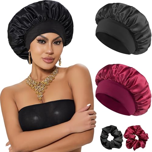 Loomify Bonnet Satin Cheveux Nuit, 2 Bonnet de Soie pour Dormir avec 2 Chouchous pour Femmes et Filles, Noir,Rouge