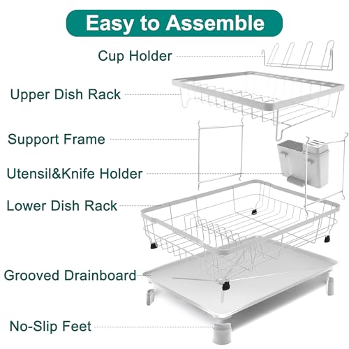 Goderewild Large Capacity Dish Drying Rack,2-Tier Dish Rack,Dish Racks for Kitchen Counter, Dish Drainer with Drainboard and Swivel Spout, Removable Cutlery Holder (2t-White)