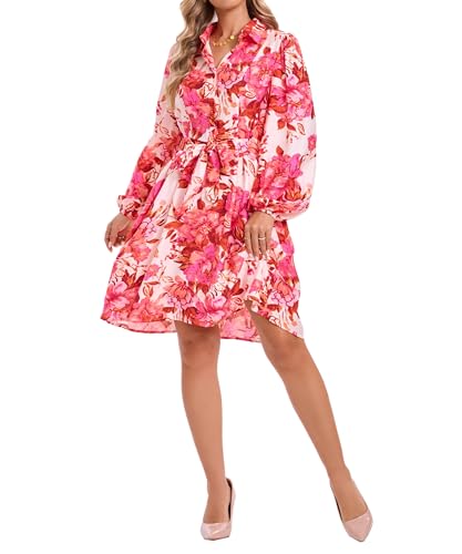 Image of Women Long Sleeve Spring Button Down A-Line Floral Print Summer Cocktail Shirt Dresses with Belt