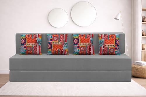Image of Rosebell Four Seater Foldable Sofa Cum Bed (6x6 Feet) ? Jute Fabric, Washable Removable Cover, Includes Cushion | Space Saving Convertible Sofa Bed for Home, Office & Guests - Grey