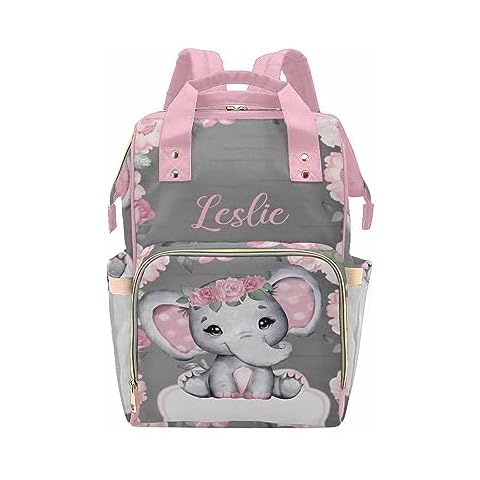 Newcos Personalized Baby Elephant with Blooming Rose Flowers Diaper Bag Nursing Baby Bags Nappy Bag Casual Travel Daypack for Mom Gifts Cover