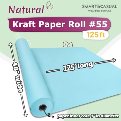Image of SMART&CASUAL 48 inch x 1,500 inch (125') Light Blue Kraft Craft Paper Roll for Gift Wrapping Bulletin Board Bouquet Flower Art Packing Parcel Table Covering 80GSM 55LB (Light Blue, 48 inch x 125')