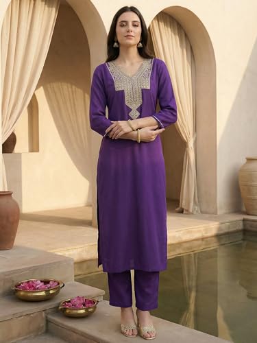 Image of INDO ERA Women's Silk Blend Embroidered Zari Work Straight Kurta & Pant Set | Cord Set For Women