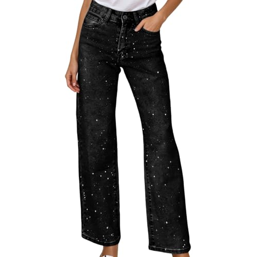 Damen Glitzer Jeans mit Strasssteinen schwarz silber High Waist Weites...