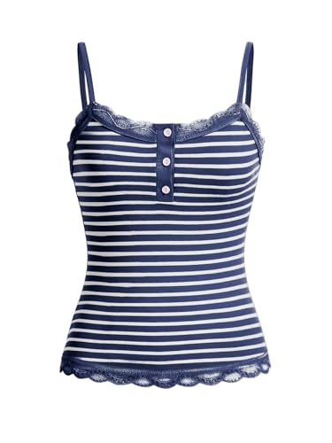 SOLY HUX Women's Striped Lace Trim Cami Crop Top Button Front