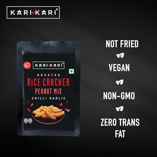 Image of Kari Kari Chilli Garlic Rice Cracker & Peanut Mix | Crunchy Japanese Snacks | Roasted, Non-Fried | Healthy | 100% Vegetarian | Party Munchies(20g x Pack of 18)