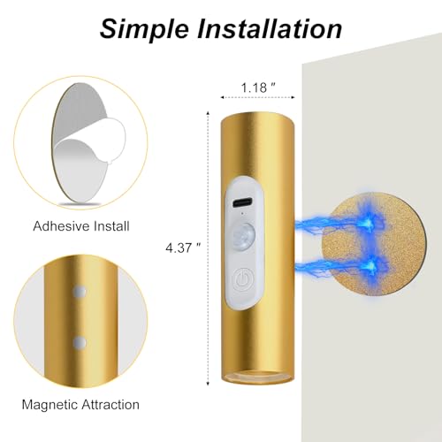 Image of Rechargeable Motion Sensor Wall Sconces 2 Pack with Remote ＆ Dimmer | Magnetic Peel and Stick Sconces, 3 Color Modes, Wireless Up and Down Aluminum Wall Lights for Bedroom, Hallway Night Light