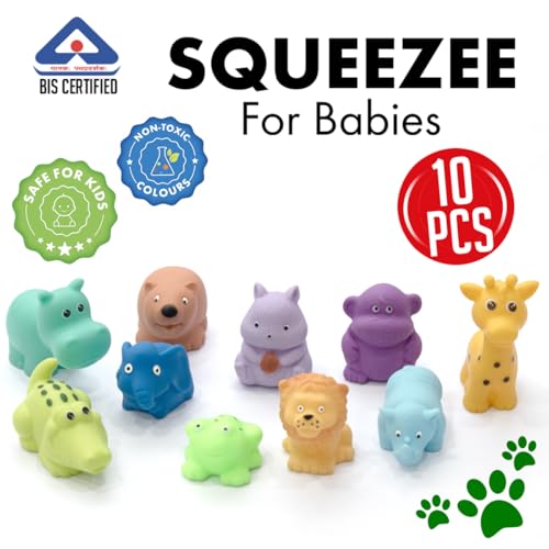 Image of Amazon Brand - Jam & Honey Baby Bath Toy Set of 10 for Toddlers I Colorful Combo of Jungle Animals I Floating Bath Chuchu Toys (Multicolor)