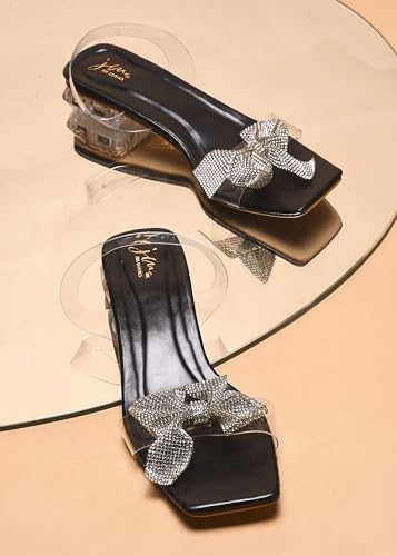 Image of JM LOOKS Women's Transparent Open-Toe Block Heels with Bow (Black)