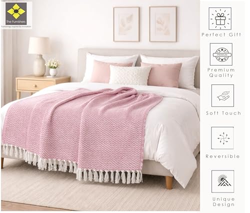 Image of Chevron 60x50 Inch Reversible Cotton Throw Blanket with Tassels| Blanket for Living Room, Sofa, Bed, Chair, Picnic & Used for Gift | Pink Narrow Chevron, Size 150x125 cm