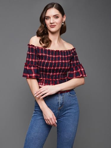 Image of Miss Chase Women's Round Neck Half Sleeves Cotton Lace and Pearl Detailing