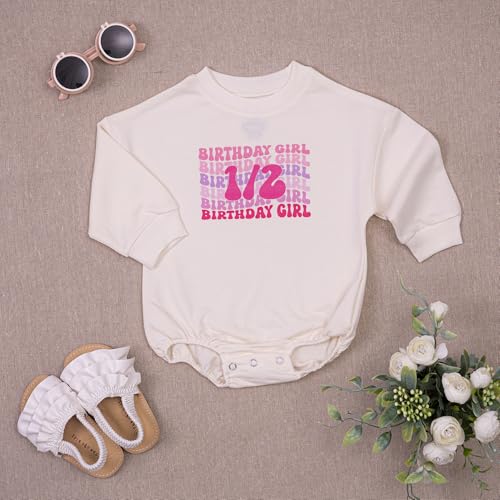 2PCS Baby Girl Halfway to One Rompers 1/2 Way to One Birthday Bodysuit Outfit, Adorable Long and Short Sleeve Set2