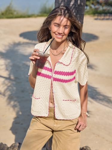 Image of Yousify Womens Casual Summer Short Sleeve Sweaters Button Down Crochet Knit Tops 2026 Loose Cute Cardigan Sweater
