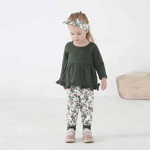 Image of Toddler Baby Girl Clothes Solid Color Long Sleeve Ruffle Tops Pants Headband Outfits Set