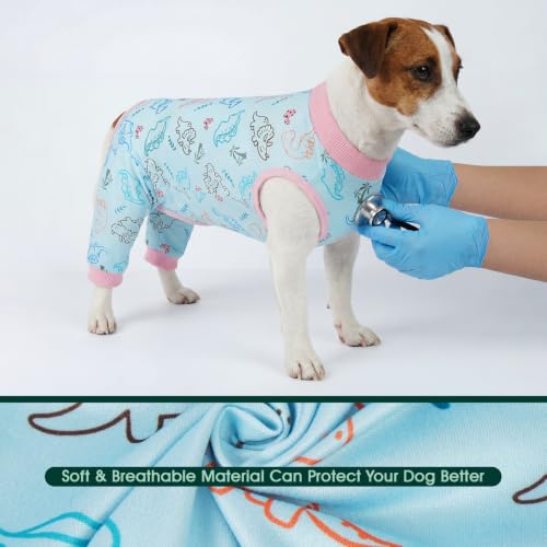 Image of Kuoser Dog Recovery Suit with Anti Licking Rear Leg Sleeve, Dinosaur M | Abdominal Dog Surgical Suit with Pants Cover Protect Wounds, Dogs Elbow Protector Soft Pet Surgery Onesie Cone Alternative
