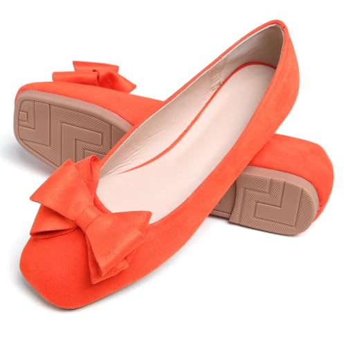 HuangTaiJi Qing Women's Bow-Knot Ballet Flats Suede Square Toe Dressy Flat Shoes Comfortable Walking Slip-On Loafers4