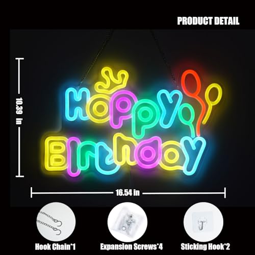 Image of Happy Birthday Neon Sign, USB Powered Dimmable LED Light up Sign for Backdrop Wall Decor,Plug & Play Birthday Decoration for Party, Works with Power Bank /Laptop /Adapter, Reusable Happy Birthday Light (16.54 inchx10.39 inch)