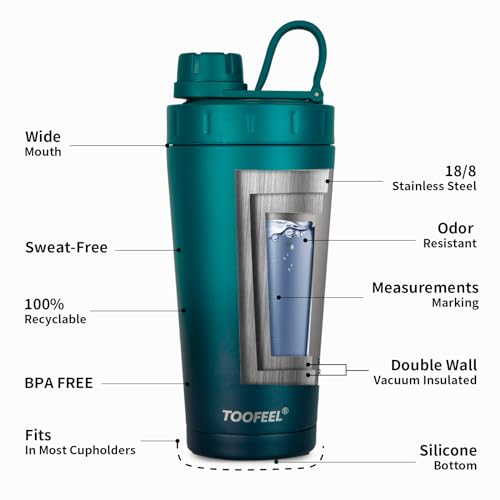 Image of TOOFEEL Protein Shaker Bottle 20 oz - Double Walled Insulated Vacuum Shaker Cups for Protein Shakes, Keeps Cold /Hot, Metal Stainless Steel Water Bottle, Preworkout Gym Shaker Bottle