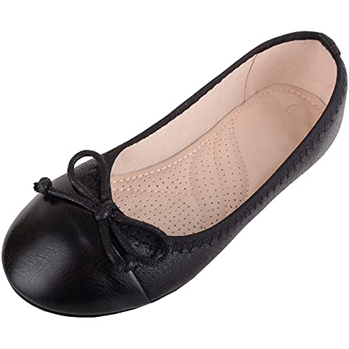 ABSOLUTE FOOTWEAR Childrens Kids Girls Slip On Glitter Sparkly Ballet Style Pump Shoes with Bow Design - Black - UK Child 12 / EU 30-31