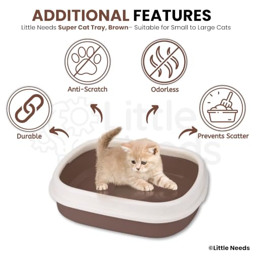 Image of Cat Litter Tray with Rim & Scooper (Brown, 46 x 38 x 13 cm) | Spacious Open Litter Box for Cats & Kittens | High Sides for Reduced Spills | Durable, Sturdy & Easy to Clean Toilet Tray