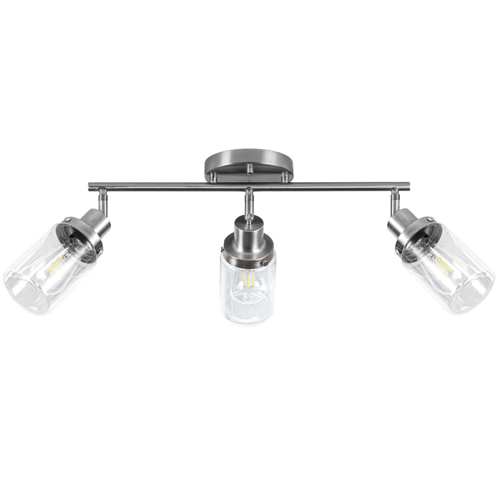 Yaohong 3 Light Wall Scone Spotlight Semi Flush Mount Ceiling Light with Clear Glass Shade in Satin Nickel Bathroom Lights Rotatable Track Lighting Kit for Hallway Porch Vanity Mount or Ceiling Mount