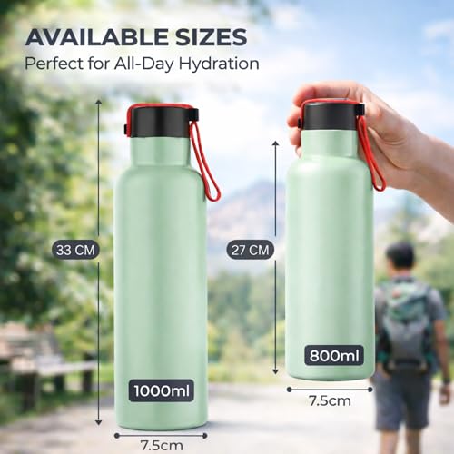 Image of GRECY Trim 800ml Stainless Steel Water Bottle Light Green | Single Wall BPA Free Leak Proof | Food Grade Steel | Rust Proof, Odour Free | Lightweight Carry Band | Made in India | Office, Gym, School