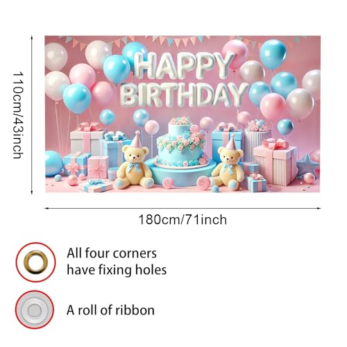 Image of Happy Birthday Backdrop 70.8x43.3in, Pink Blue Pastel Teddy Bear Photography Background Photo Booth Banner Spring Easter Birthday Party Decorations Supplies for Baby Girls Boys Kids Toddlers