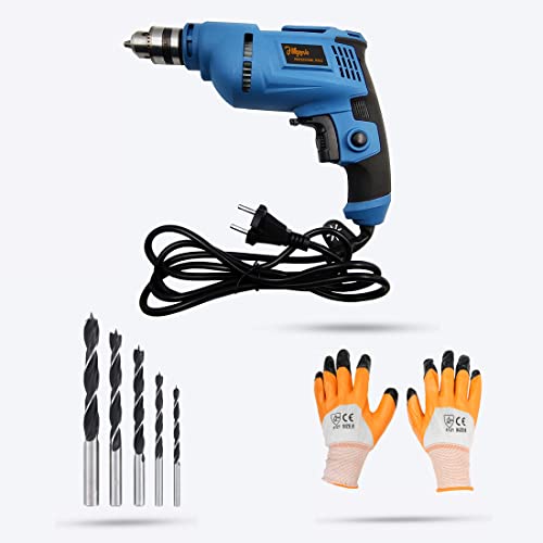 Image of Hillgrove HGCM127M1 500W Drill Machine with Gloves, 5Pcs Wood Drill Bits for Making Holes in Metal /Wood /Concrete with Reverse Rotation and Variable Speed Pistol Grip Drill (10 mm Chuck Size)