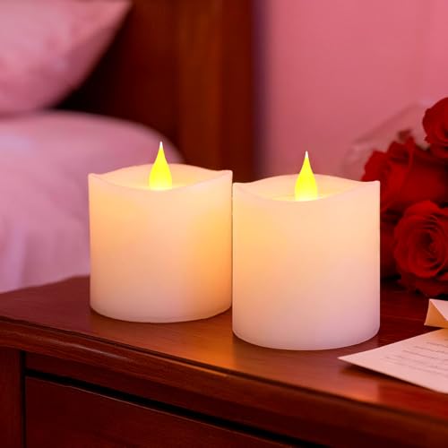 Image of 3x3 Flickering Flameless Candles Set of 2,3 inch Real Wax LED 600 Hours Battery Candles with Timer Remote,Control for Wedding Party Indoor,Ivory