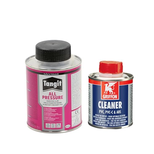 HAF - Tangit PVC-U Kleber All Pressure Spezialkleber 250g Dose mit Pinsel + Griffon PVC Reiniger/Cleaner 125ml | Spezialkleber geeignet für Montage von PVC Rohren | Schnell wirksamer Spezialreiniger