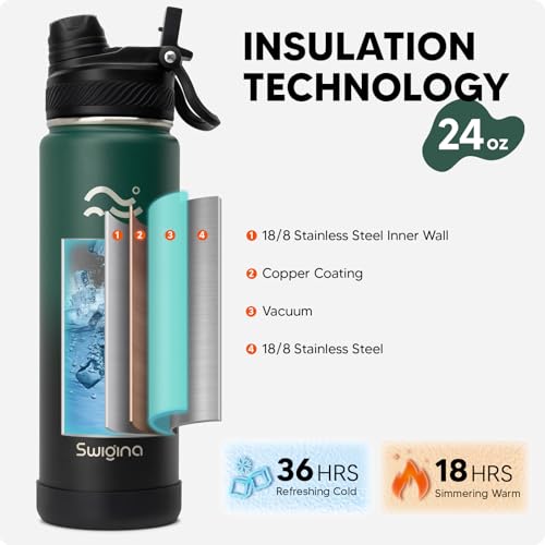 Image of Swigina Insulated Water Bottle with Silicone Boot (36hrs Cold /18hrs Hot) - DIY Stickers, [2-in-1 Lid], BPA Free, 24 oz