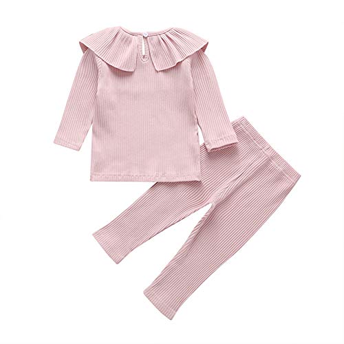 2 Piece Toddler Infant Baby Girl Ribbed Clothes Ruffle Long Sleeve Shirts Tops and Pants Solid Fall Outfits Set (3-6 Months,Pink)